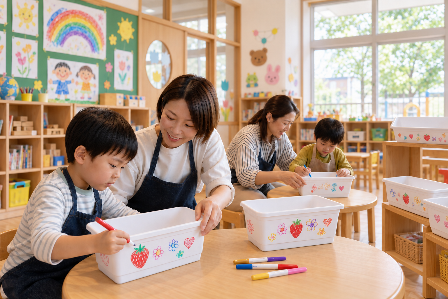 教室で子どもたちが白いプランターにイチゴや花の絵を描く体験イメージ