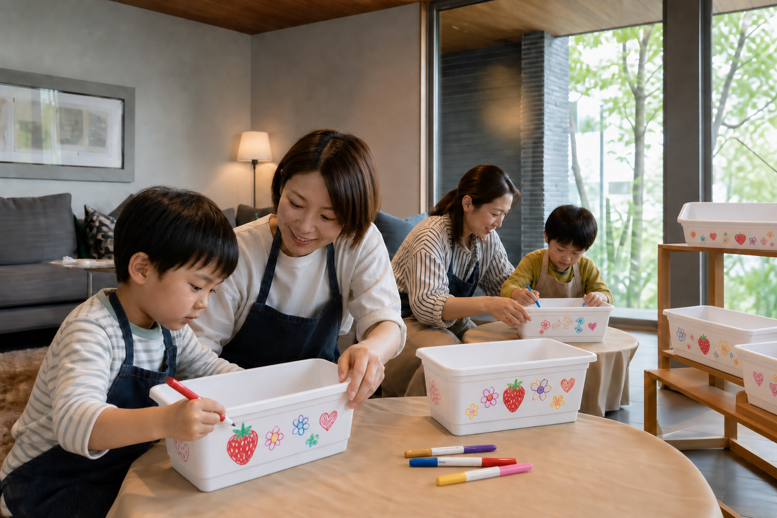 木の天井の会場で、親子が土や苗の入っていない空の白いプランターにペンで絵を描くイメージ画像