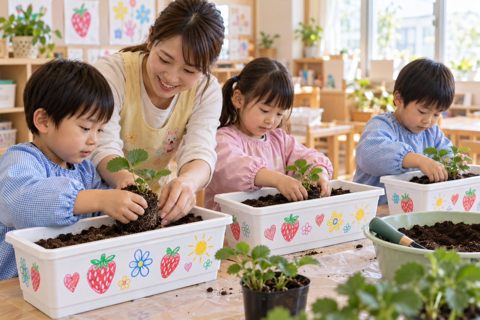 教室で子どもたちが、自分で絵を描いたプランターへイチゴの苗を植える体験イメージ