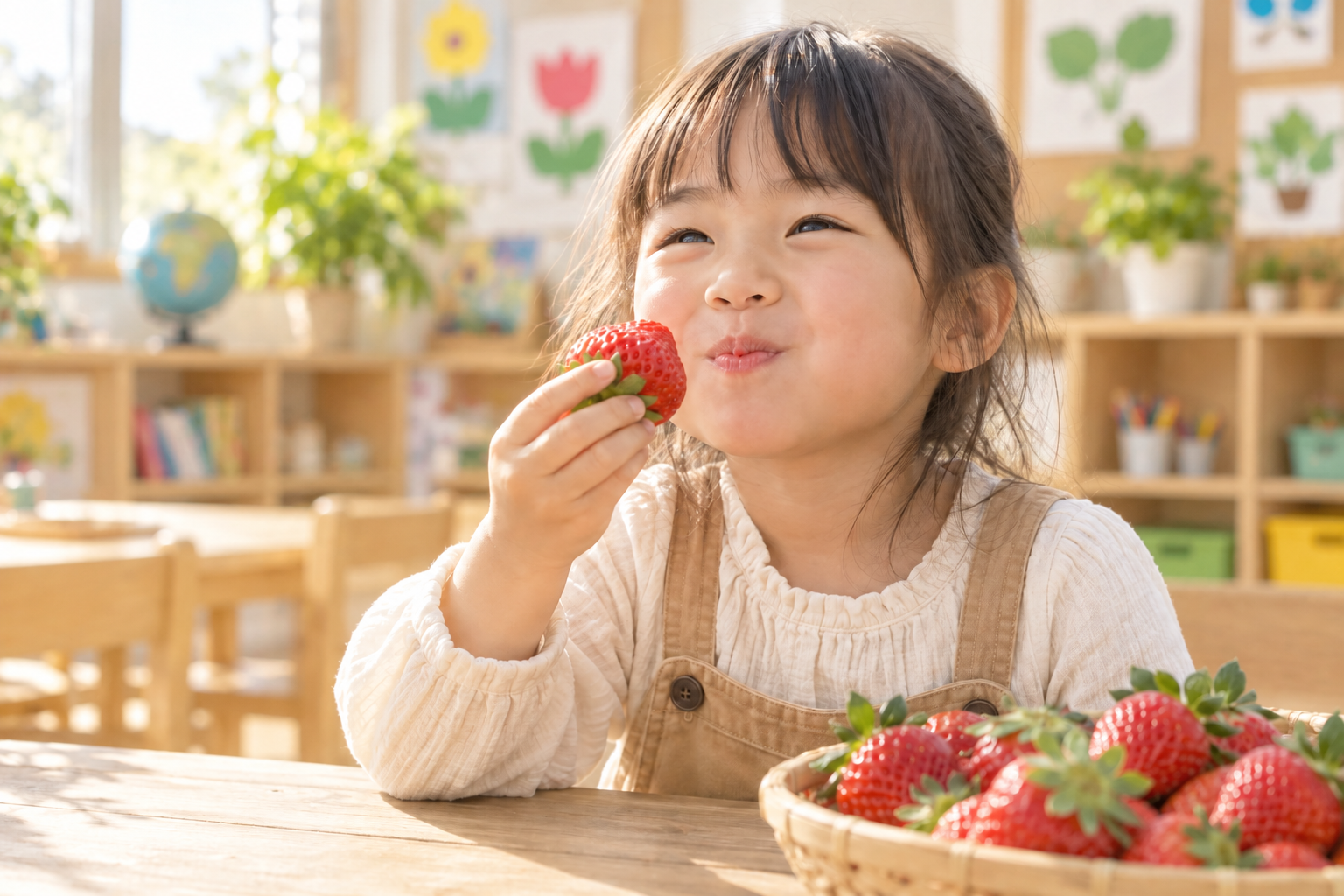 明るい教室で、5歳くらいの子どもが実ったいちごを味わう食育体験のイメージ