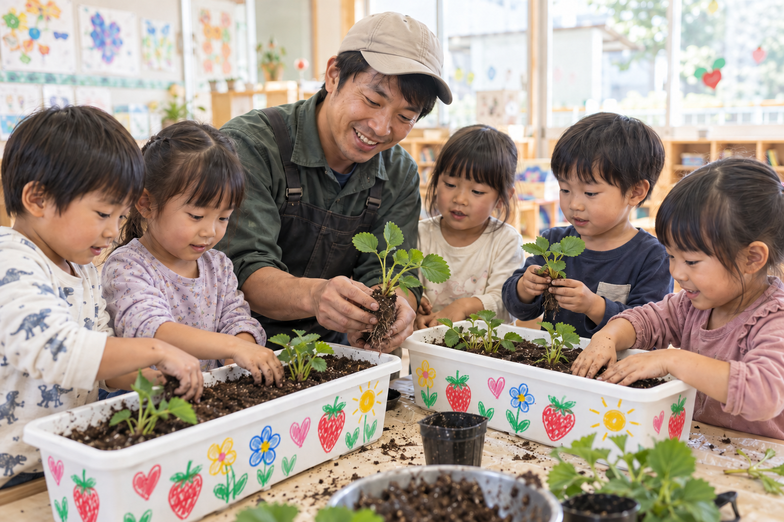 幼稚園・保育園の教室で、農園スタッフと子どもたちが絵を描いたプランターへいちごの苗を植える出張授業のイメージ